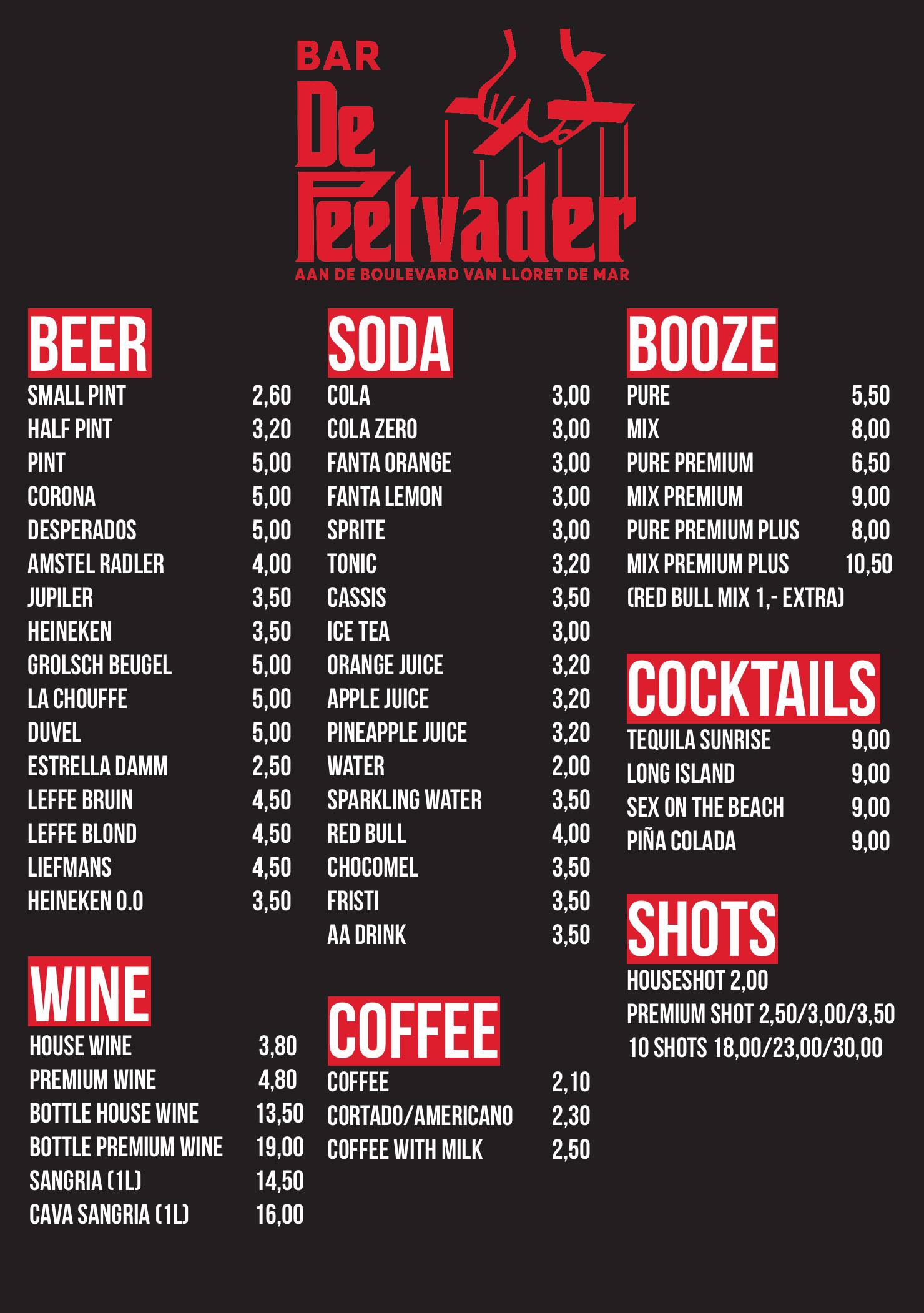 Bar De Peetvader drinks menu